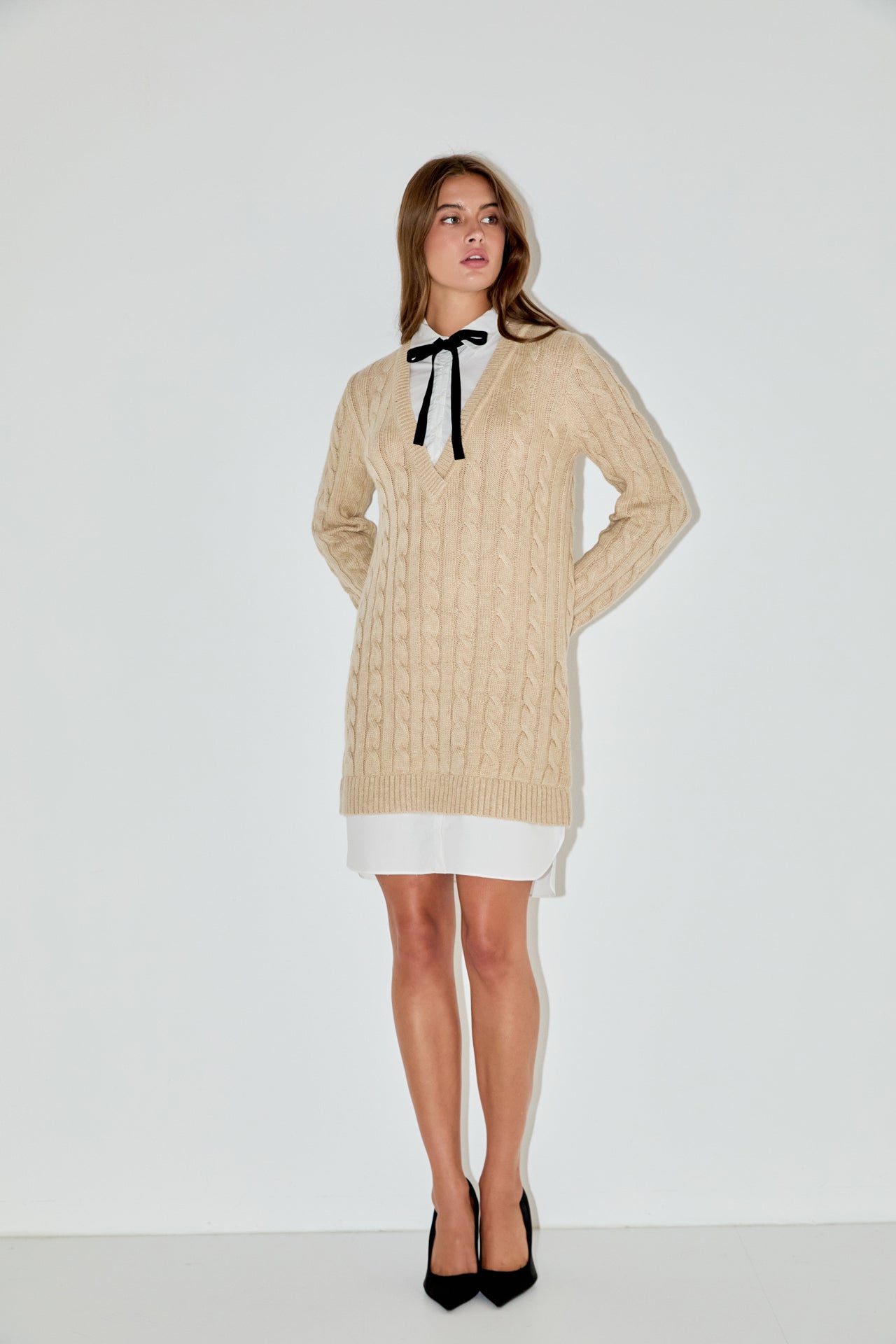 ENGLISH FACTORY - Mixed Media Cable Knit V-Neck Drop Sweater Dress - DRESSES available at Objectrare