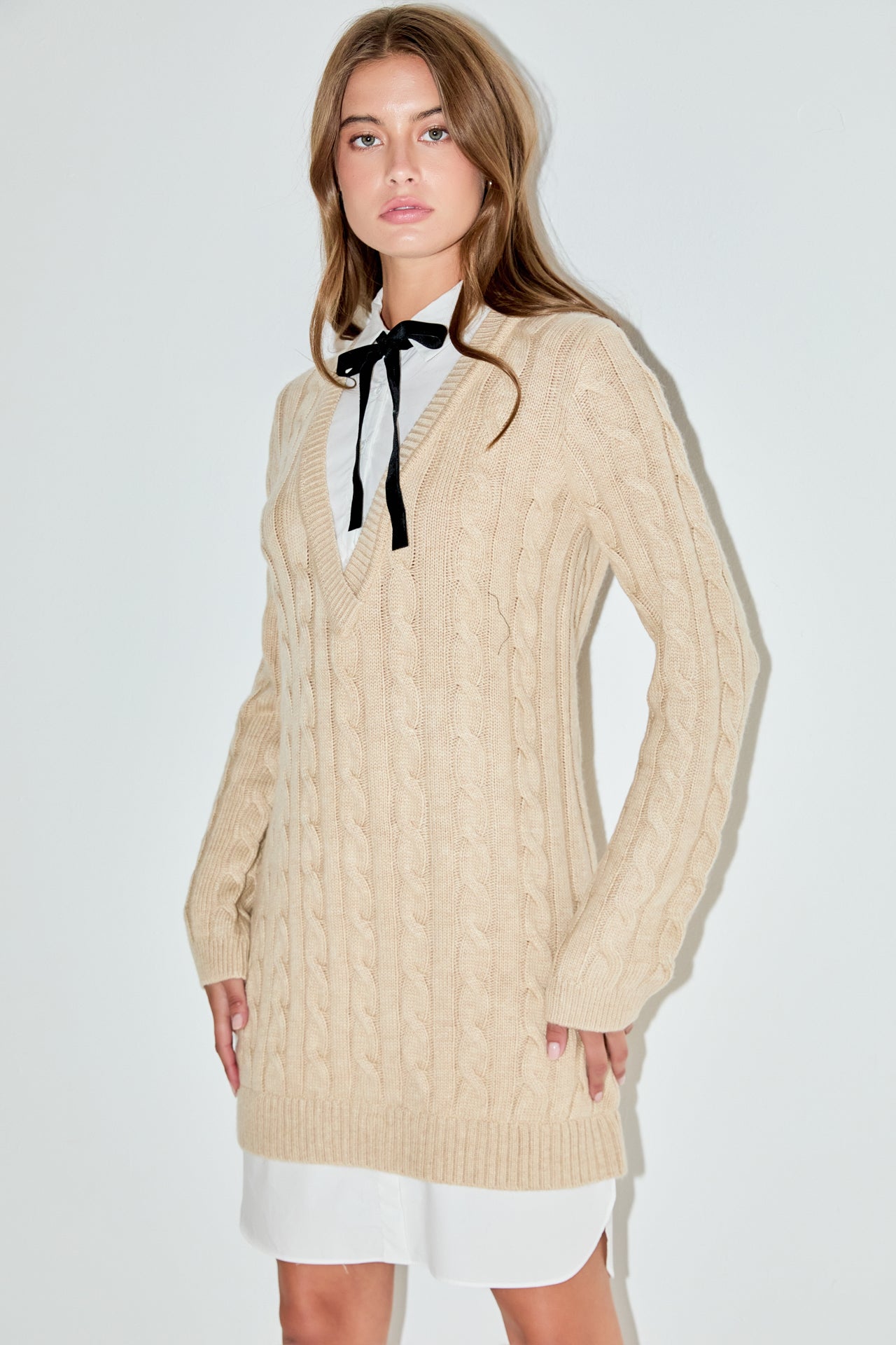 ENGLISH FACTORY - Mixed Media Cable Knit V-Neck Drop Sweater Dress - DRESSES available at Objectrare