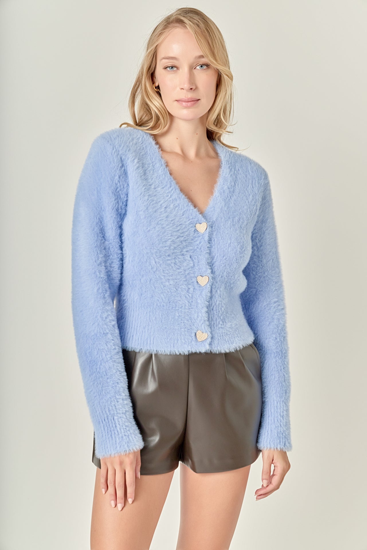 ENGLISH FACTORY - Feathered Plush Heart Buttoned Cropped Cardigan - SWEATERS & KNITS available at Objectrare