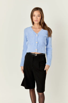 ENGLISH FACTORY - Feathered Plush Heart Buttoned Cropped Cardigan - SWEATERS & KNITS available at Objectrare