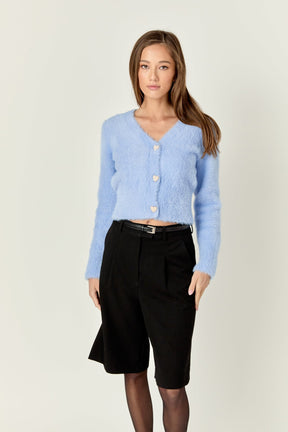 ENGLISH FACTORY - Feathered Plush Heart Buttoned Cropped Cardigan - SWEATERS & KNITS available at Objectrare