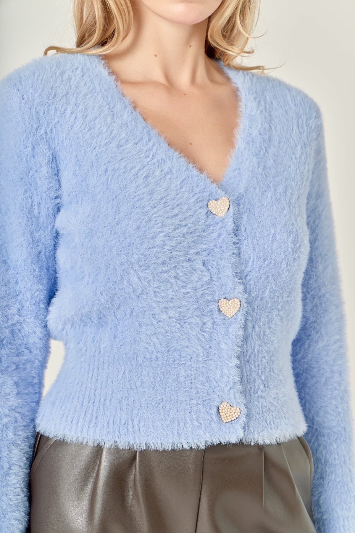 ENGLISH FACTORY - Feathered Plush Heart Buttoned Cropped Cardigan - SWEATERS & KNITS available at Objectrare