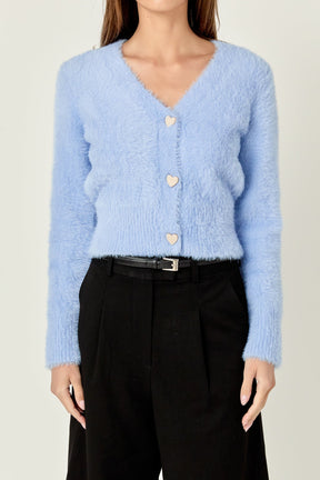 ENGLISH FACTORY - Feathered Plush Heart Buttoned Cropped Cardigan - SWEATERS & KNITS available at Objectrare