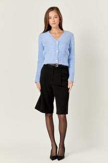 ENGLISH FACTORY - Feathered Plush Heart Buttoned Cropped Cardigan - SWEATERS & KNITS available at Objectrare