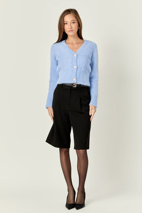 ENGLISH FACTORY - Feathered Plush Heart Buttoned Cropped Cardigan - SWEATERS & KNITS available at Objectrare
