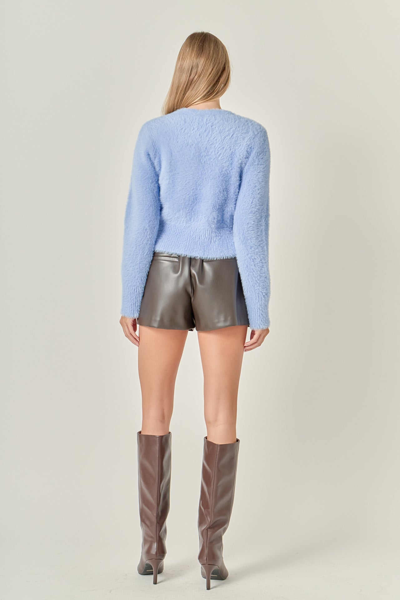 ENGLISH FACTORY - Feathered Plush Heart Buttoned Cropped Cardigan - SWEATERS & KNITS available at Objectrare