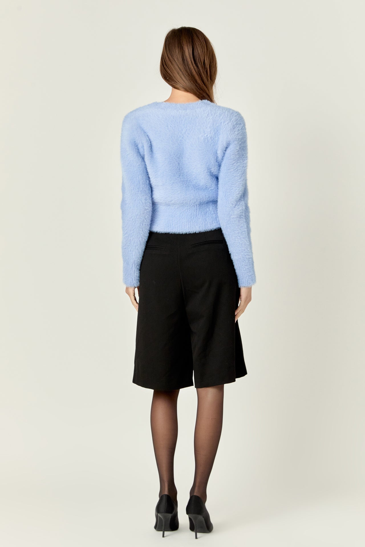 ENGLISH FACTORY - Feathered Plush Heart Buttoned Cropped Cardigan - SWEATERS & KNITS available at Objectrare