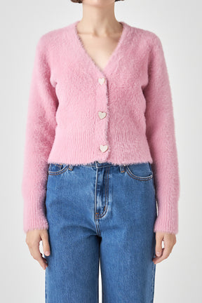 ENGLISH FACTORY - Feathered Plush Heart Buttoned Cardigan - CARDIGANS available at Objectrare