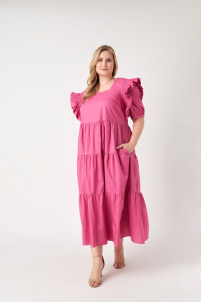 ENGLISH FACTORY - Square Neck Ruffle Smocked Detail Midi Dress - DRESSES available at Objectrare