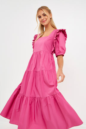 ENGLISH FACTORY - Square Neck Ruffle Smocked Detail Midi Dress - DRESSES available at Objectrare