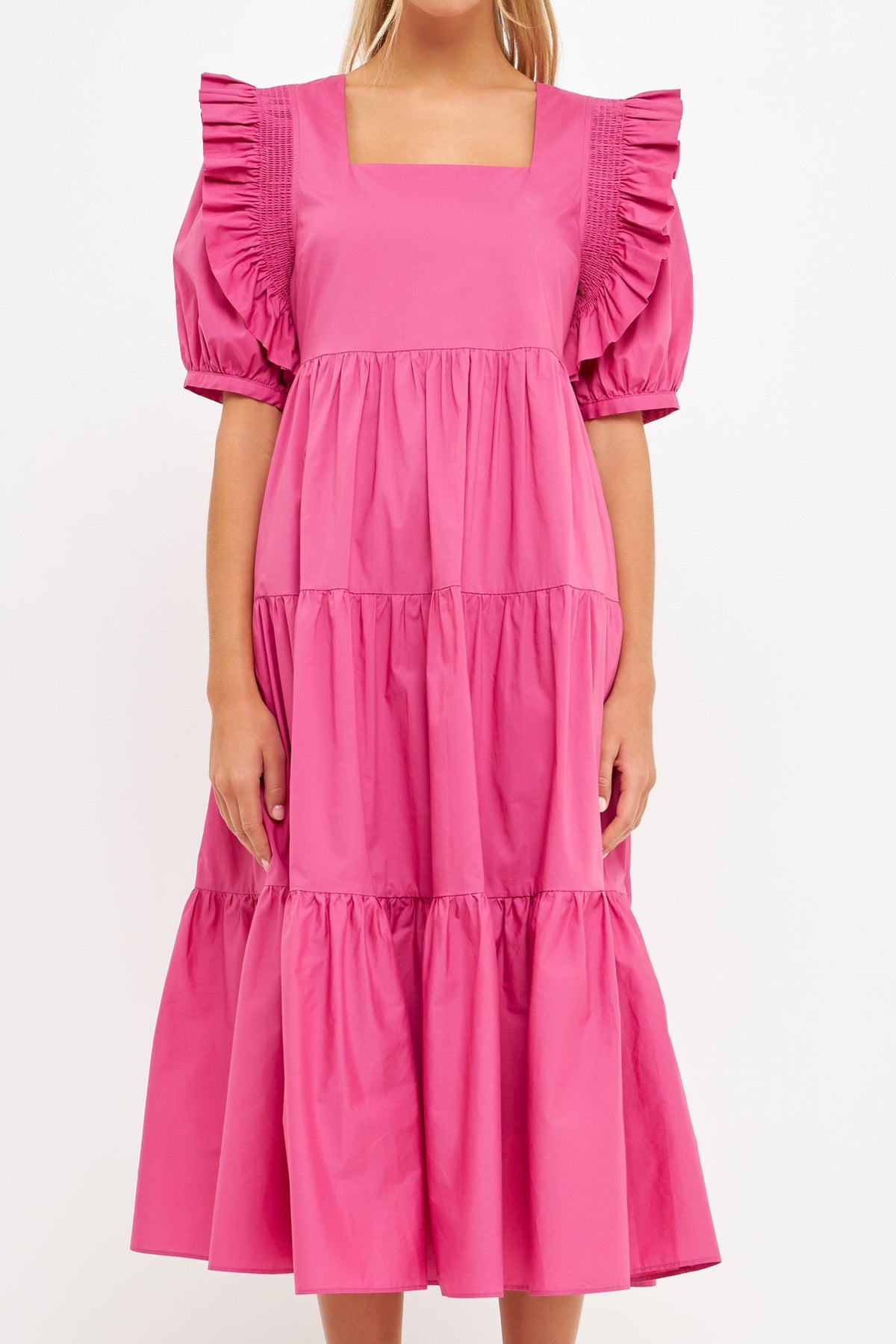 ENGLISH FACTORY - Square Neck Ruffle Smocked Detail Midi Dress - DRESSES available at Objectrare