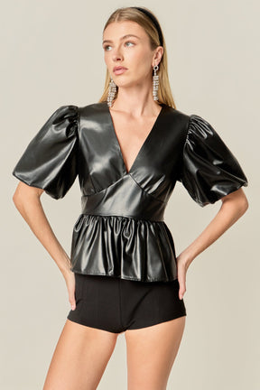 ENGLISH FACTORY - Faux Leather Peplum V-Neck Top - TOPS available at Objectrare