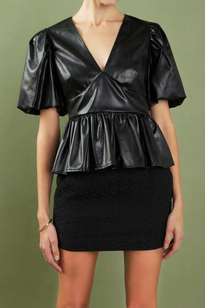 ENGLISH FACTORY - Faux Leather Peplum V-Neck Top - TOPS available at Objectrare