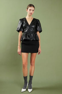 ENGLISH FACTORY - Faux Leather Peplum V-Neck Top - TOPS available at Objectrare