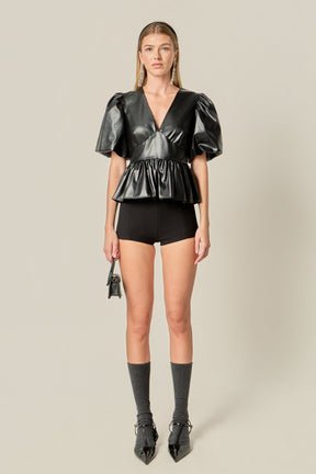 ENGLISH FACTORY - Faux Leather Peplum V-Neck Top - TOPS available at Objectrare