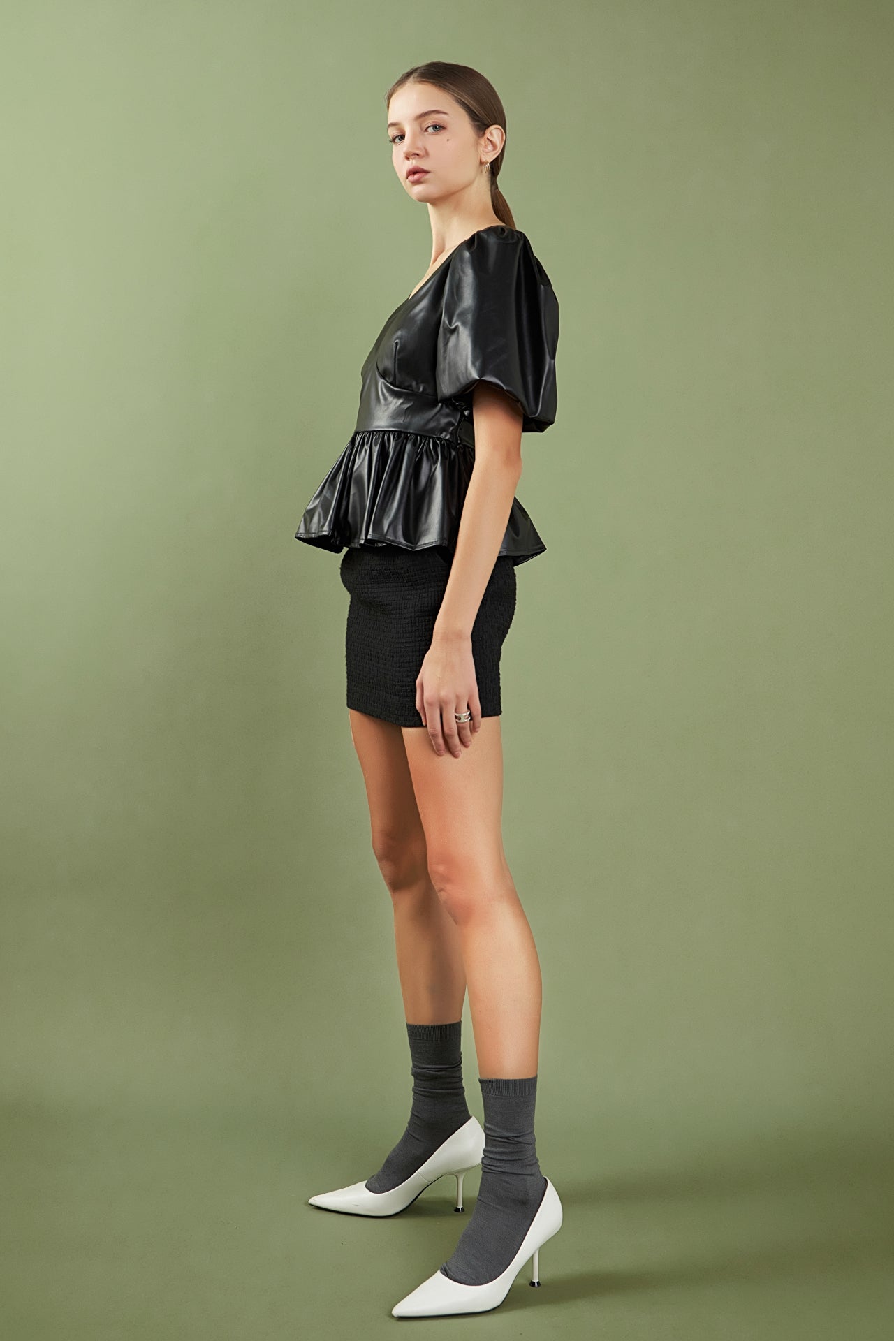 ENGLISH FACTORY - Faux Leather Peplum V-Neck Top - TOPS available at Objectrare