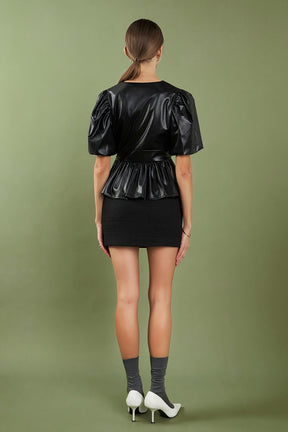 ENGLISH FACTORY - English Factory - Faux Leather Peplum V-Neck Top - TOPS available at Objectrare