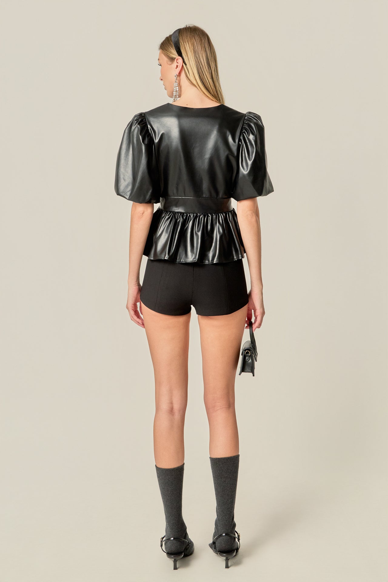 ENGLISH FACTORY - Faux Leather Peplum V-Neck Top - TOPS available at Objectrare