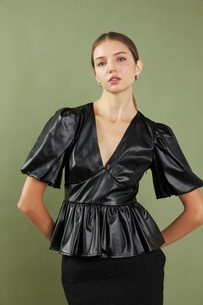 ENGLISH FACTORY - Faux Leather Peplum V-Neck Top - TOPS available at Objectrare