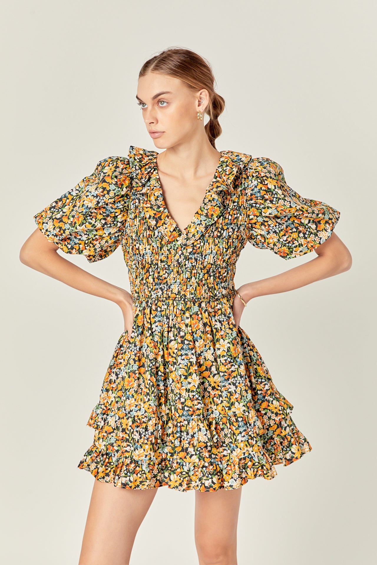 ENGLISH FACTORY - Plunge V Smocked Cotton Floral Mini Dress - DRESSES available at Objectrare