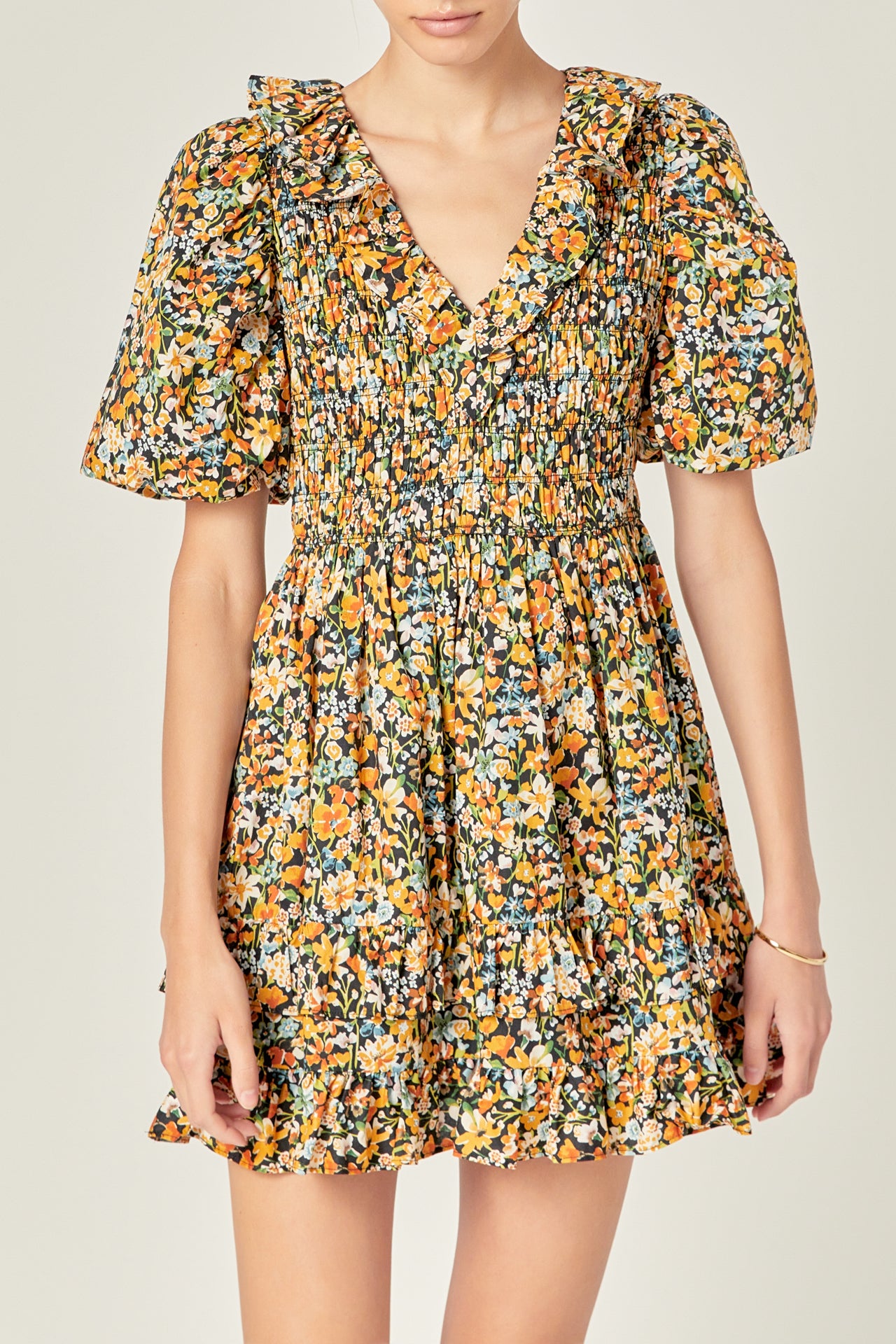 ENGLISH FACTORY - Plunge V Smocked Cotton Floral Mini Dress - DRESSES available at Objectrare