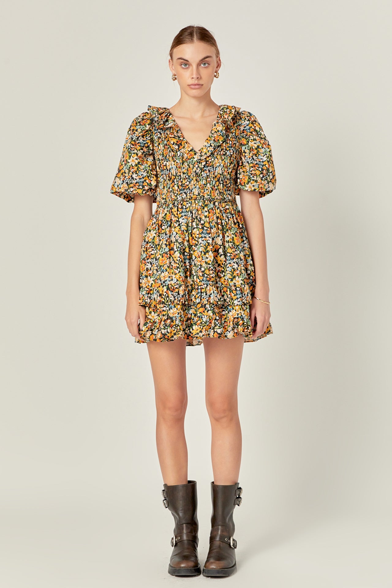 ENGLISH FACTORY - Plunge V Smocked Cotton Floral Mini Dress - DRESSES available at Objectrare