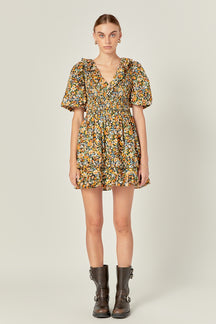 ENGLISH FACTORY - Plunge V Smocked Cotton Floral Mini Dress - DRESSES available at Objectrare