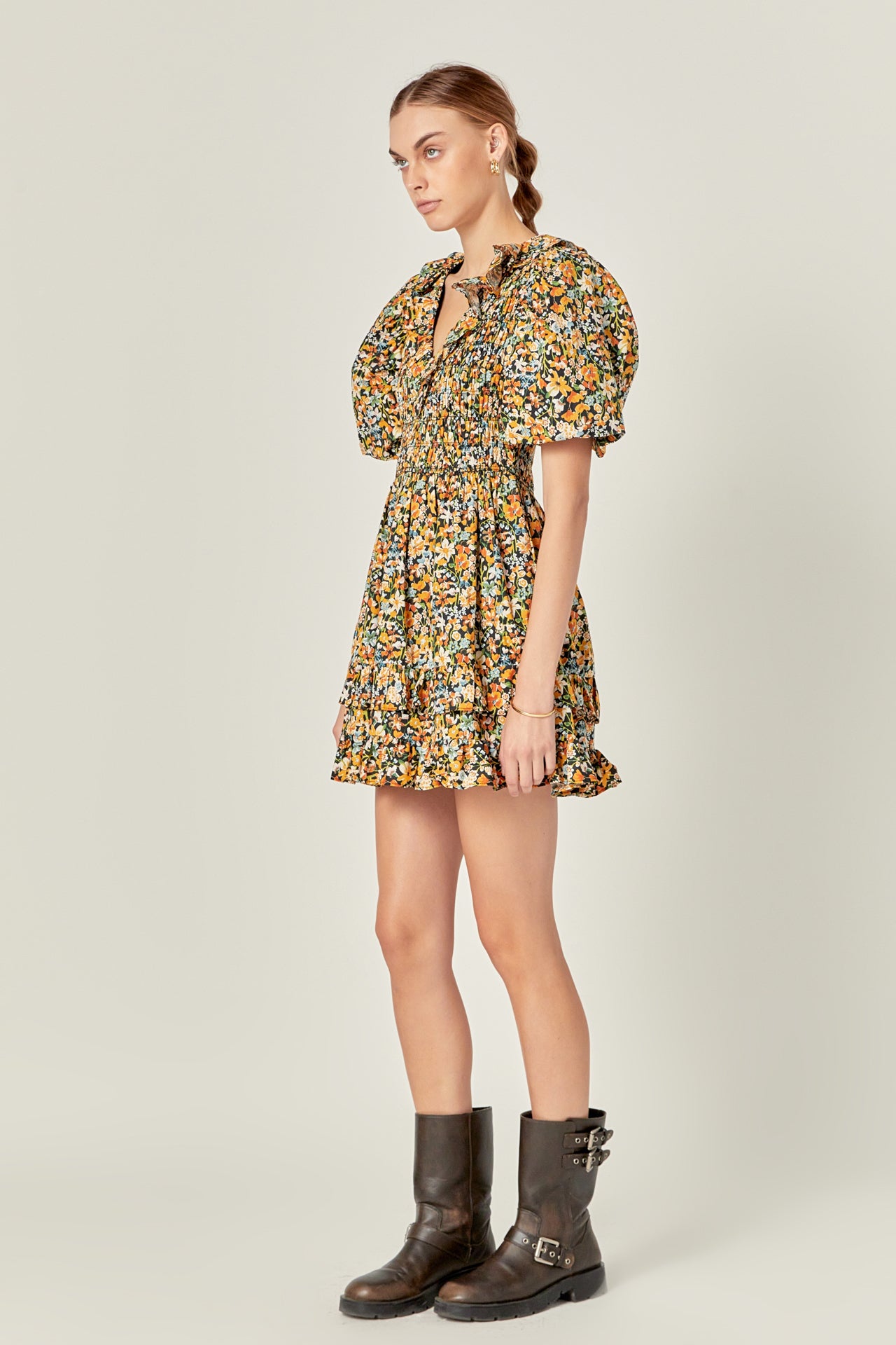 ENGLISH FACTORY - Plunge V Smocked Cotton Floral Mini Dress - DRESSES available at Objectrare