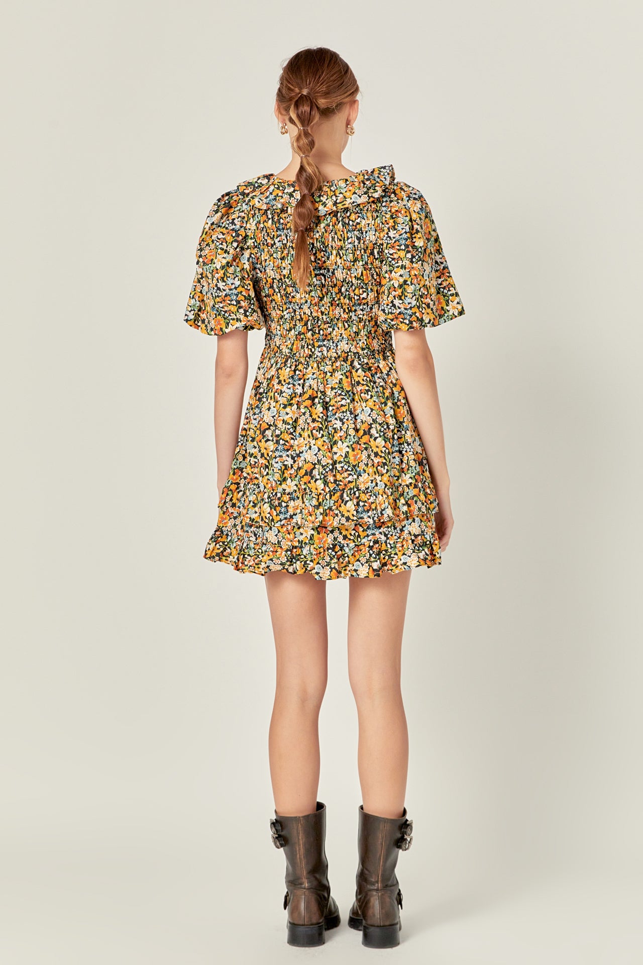 ENGLISH FACTORY - Plunge V Smocked Cotton Floral Mini Dress - DRESSES available at Objectrare