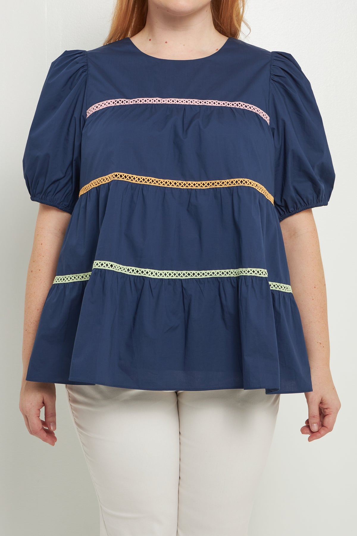 ENGLISH FACTORY - Multi Color Trim Inserted Puff Sleeve Top - TOPS available at Objectrare