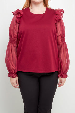 ENGLISH FACTORY - Plus Size Organza Mixed Smocked Detail Long Sleeve Top - TOPS available at Objectrare