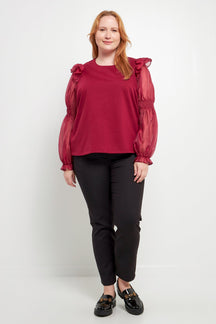 ENGLISH FACTORY - English Factory - Plus Size Organza Mixed Smocked Detail Long Sleeve Top - TOPS available at Objectrare