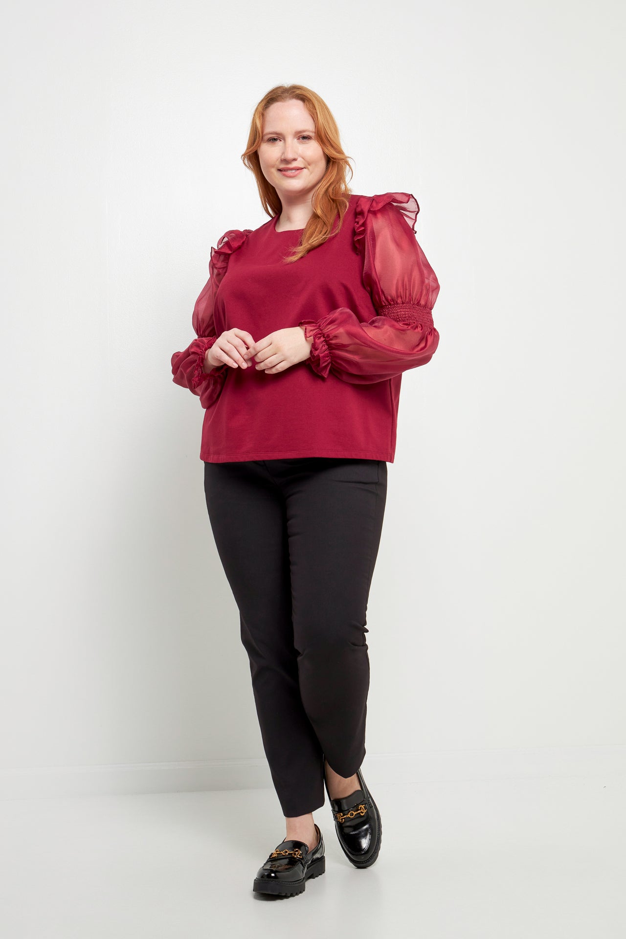 ENGLISH FACTORY - Plus Size Organza Mixed Smocked Detail Long Sleeve Top - TOPS available at Objectrare