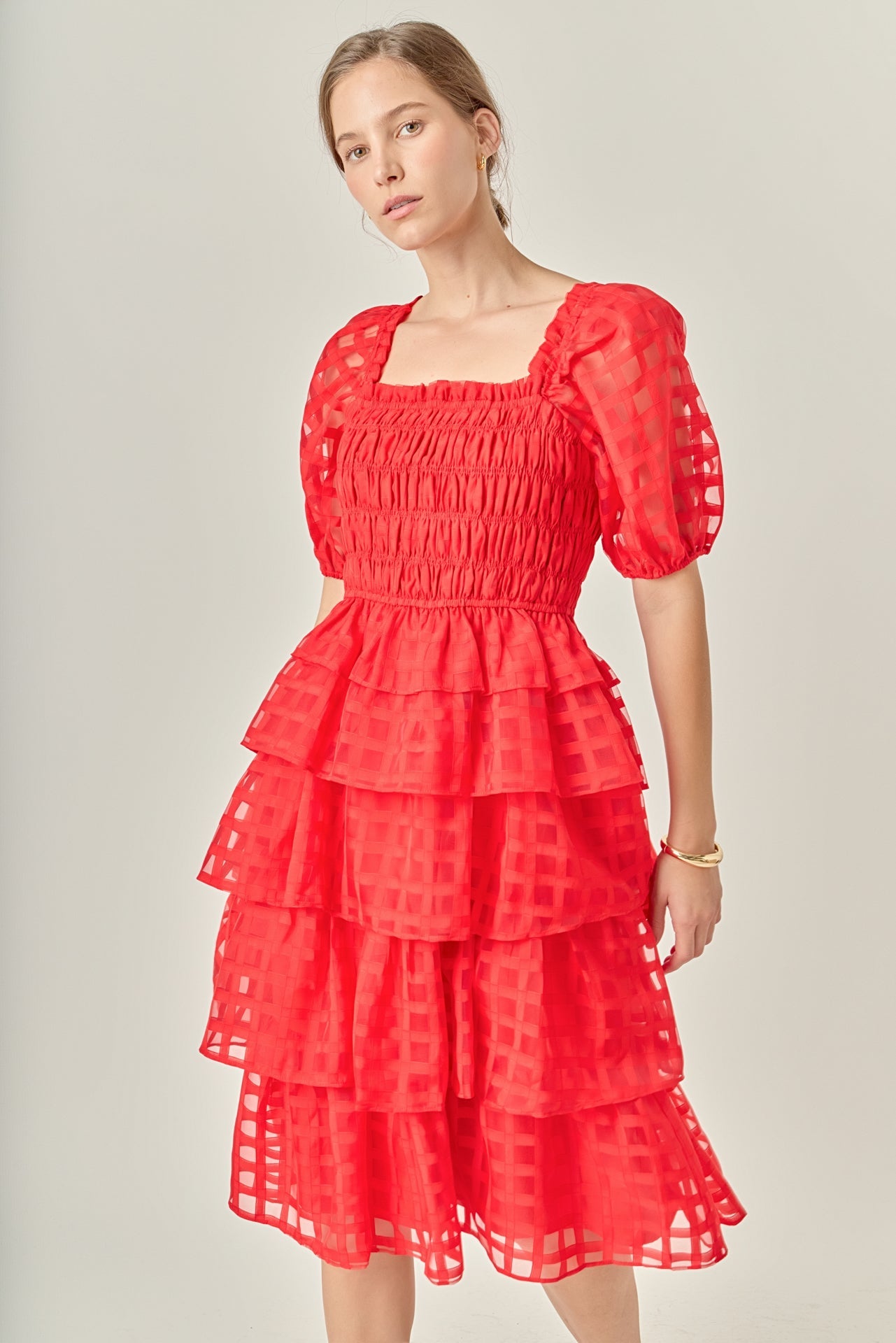 ENGLISH FACTORY - Check Organza Tiered Midi Dress - DRESSES available at Objectrare