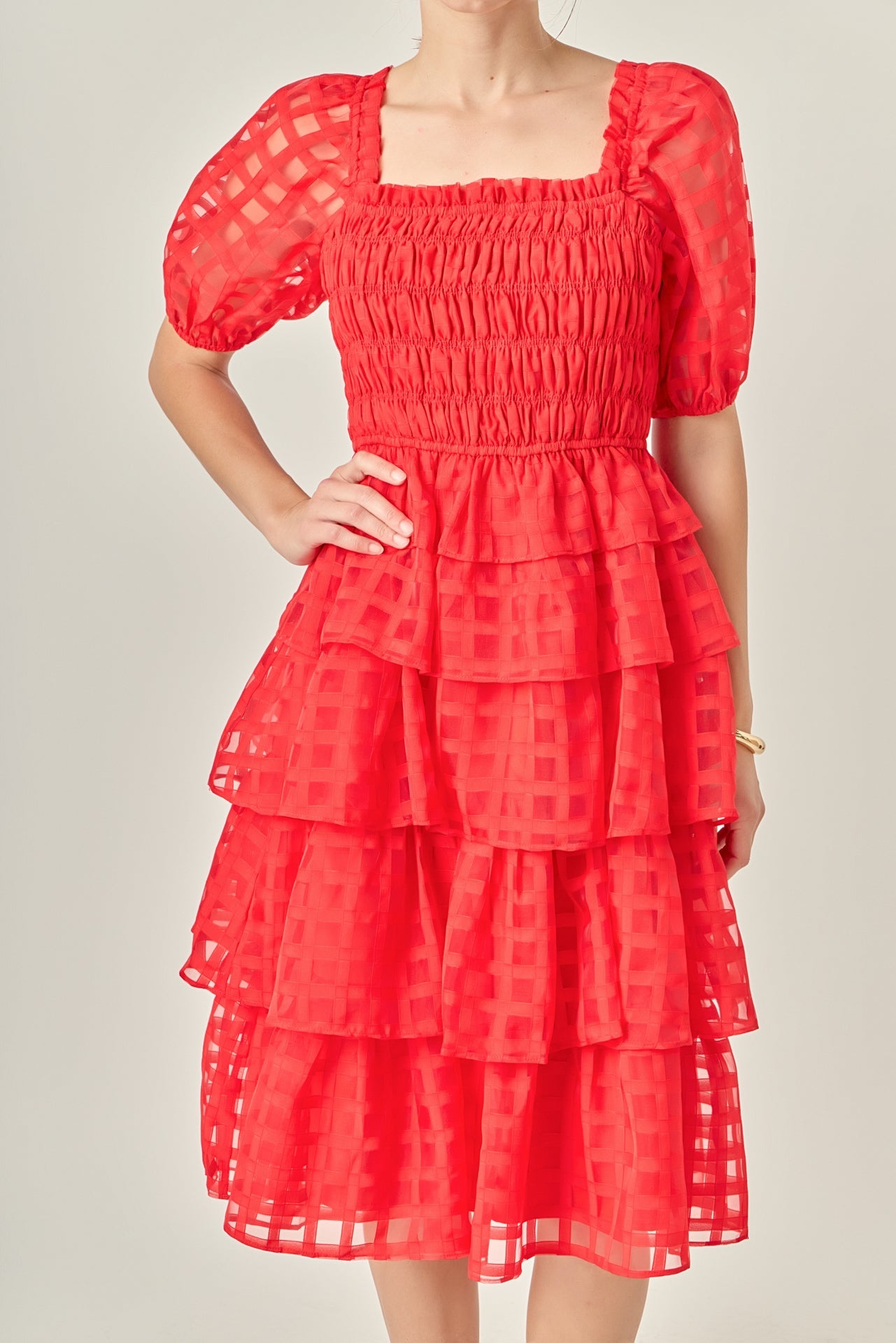ENGLISH FACTORY - Check Organza Tiered Midi Dress - DRESSES available at Objectrare