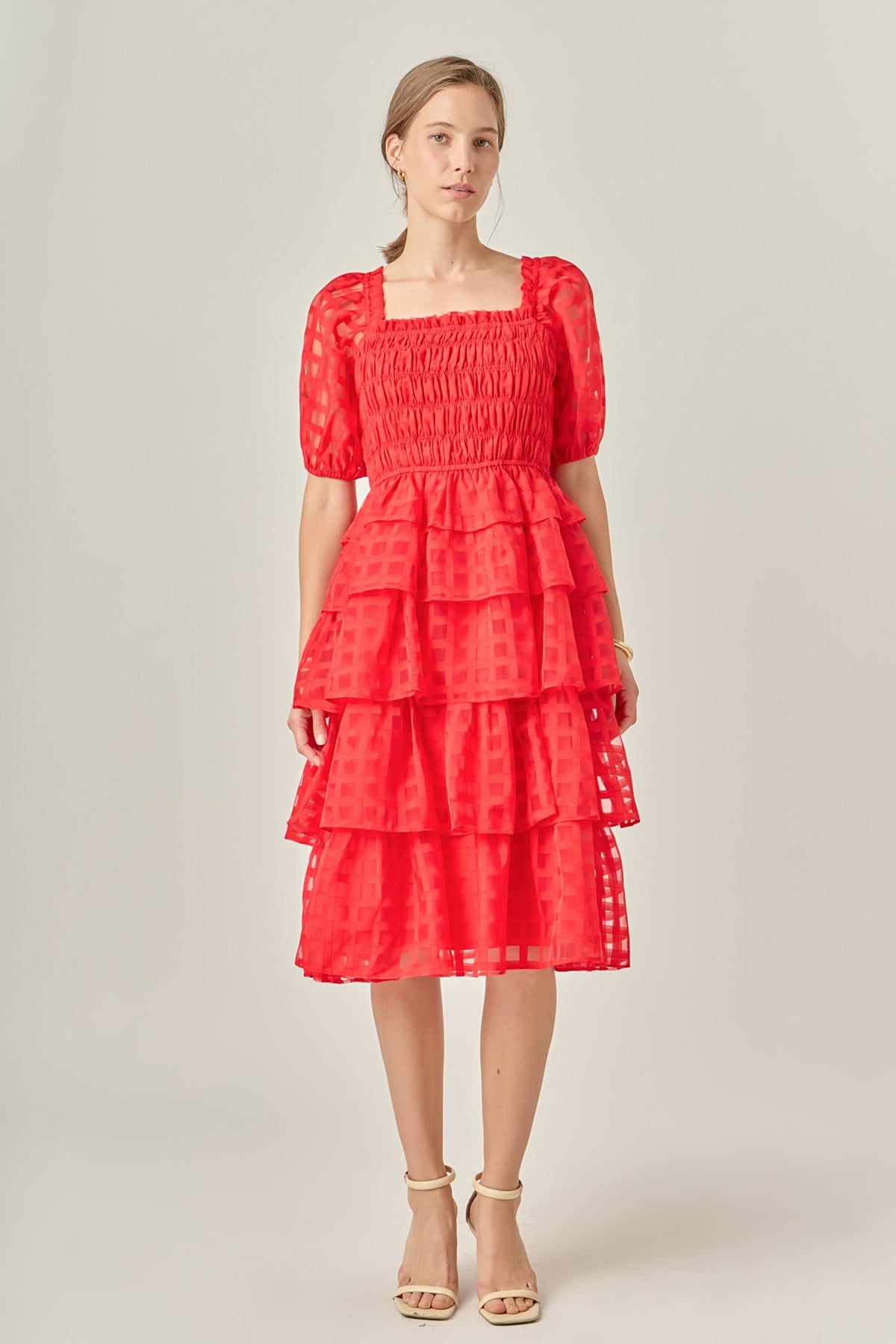 ENGLISH FACTORY - Check Organza Tiered Midi Dress - DRESSES available at Objectrare