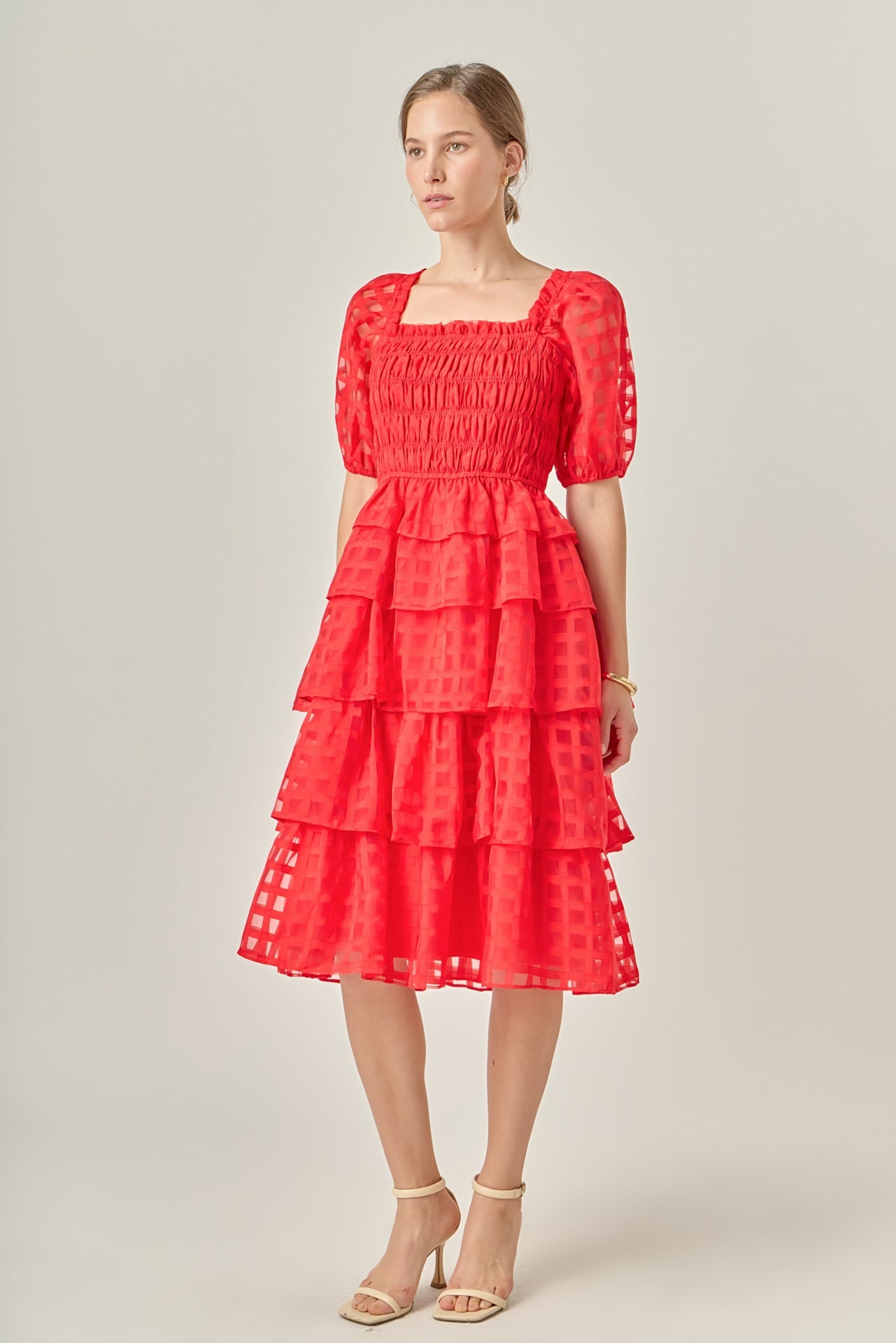 ENGLISH FACTORY - Check Organza Tiered Midi Dress - DRESSES available at Objectrare