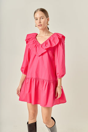 ENGLISH FACTORY - Long Sleeve V Ruffled Mini Dress - DRESSES available at Objectrare
