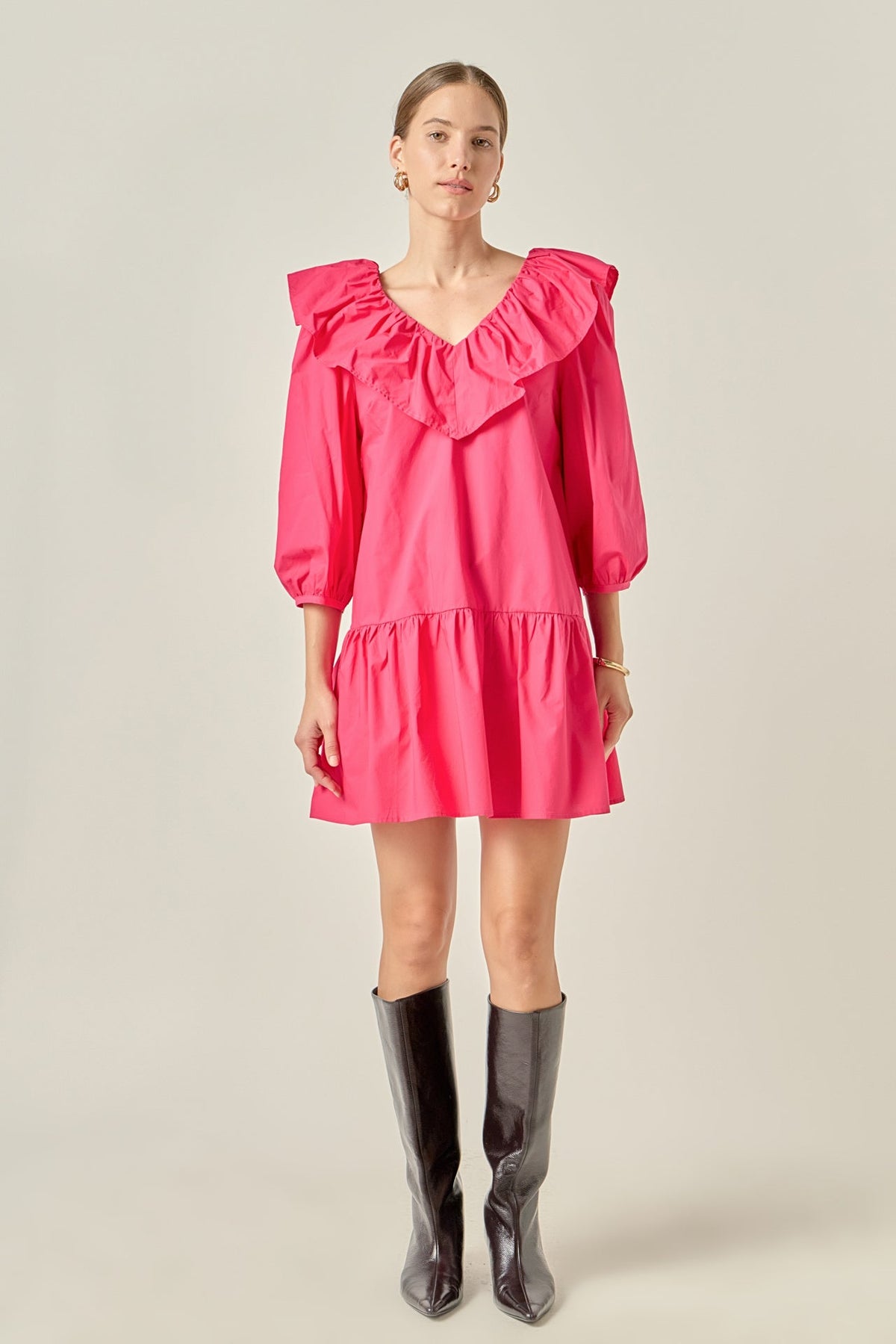 Long Sleeve V Ruffled Mini Dress