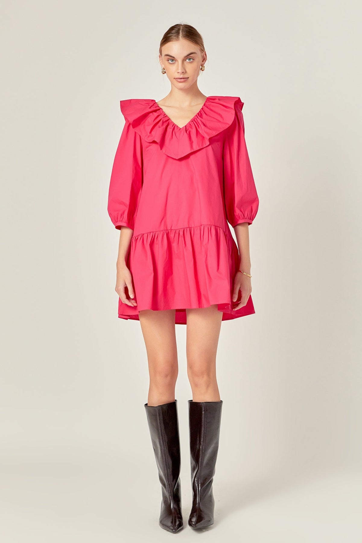 Long Sleeve V Ruffled Mini Dress