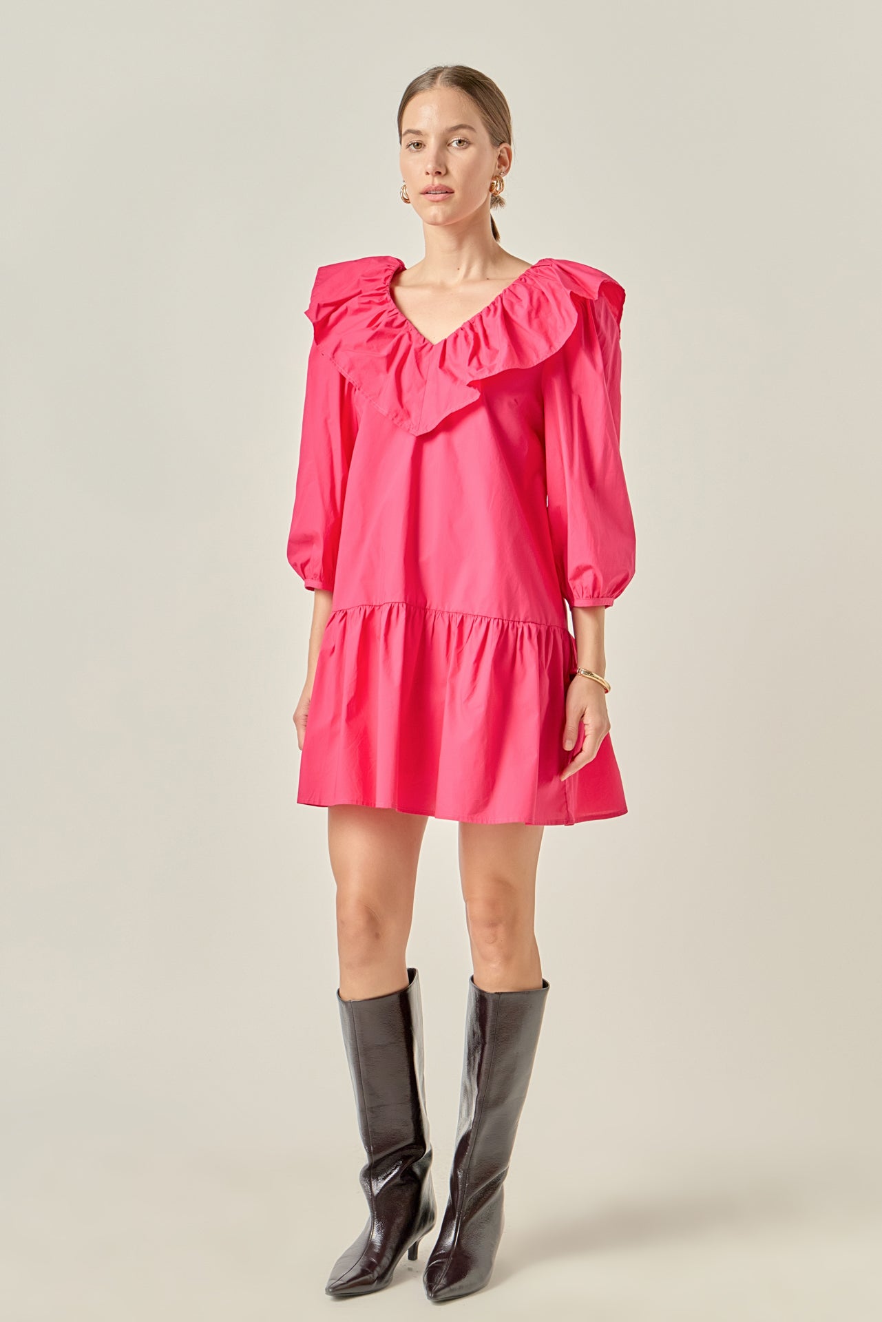 ENGLISH FACTORY - Long Sleeve V Ruffled Mini Dress - DRESSES available at Objectrare
