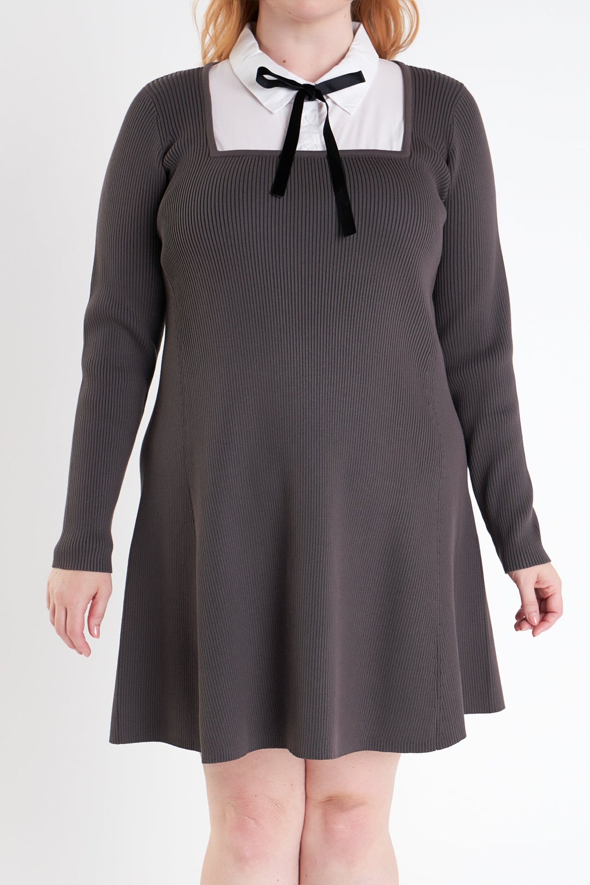 ENGLISH FACTORY - Plus Size Mixed Media Fit and Flare Sweater Dress - DRESSES available at Objectrare