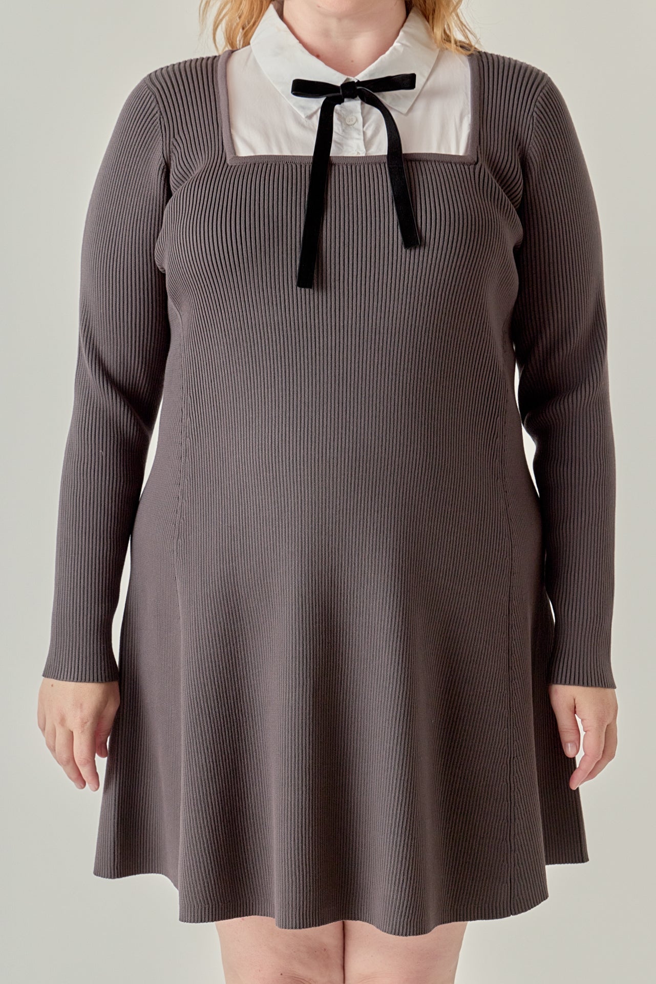 ENGLISH FACTORY - Plus Size Mixed Media Fit and Flare Sweater Dress - DRESSES available at Objectrare