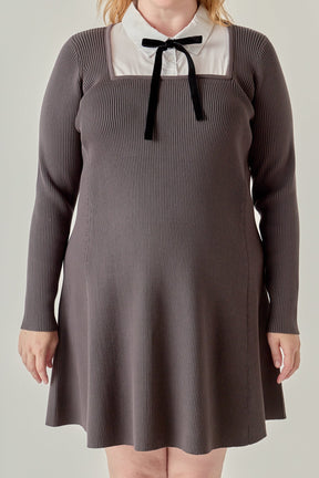 ENGLISH FACTORY - Plus Size Mixed Media Fit and Flare Sweater Dress - DRESSES available at Objectrare