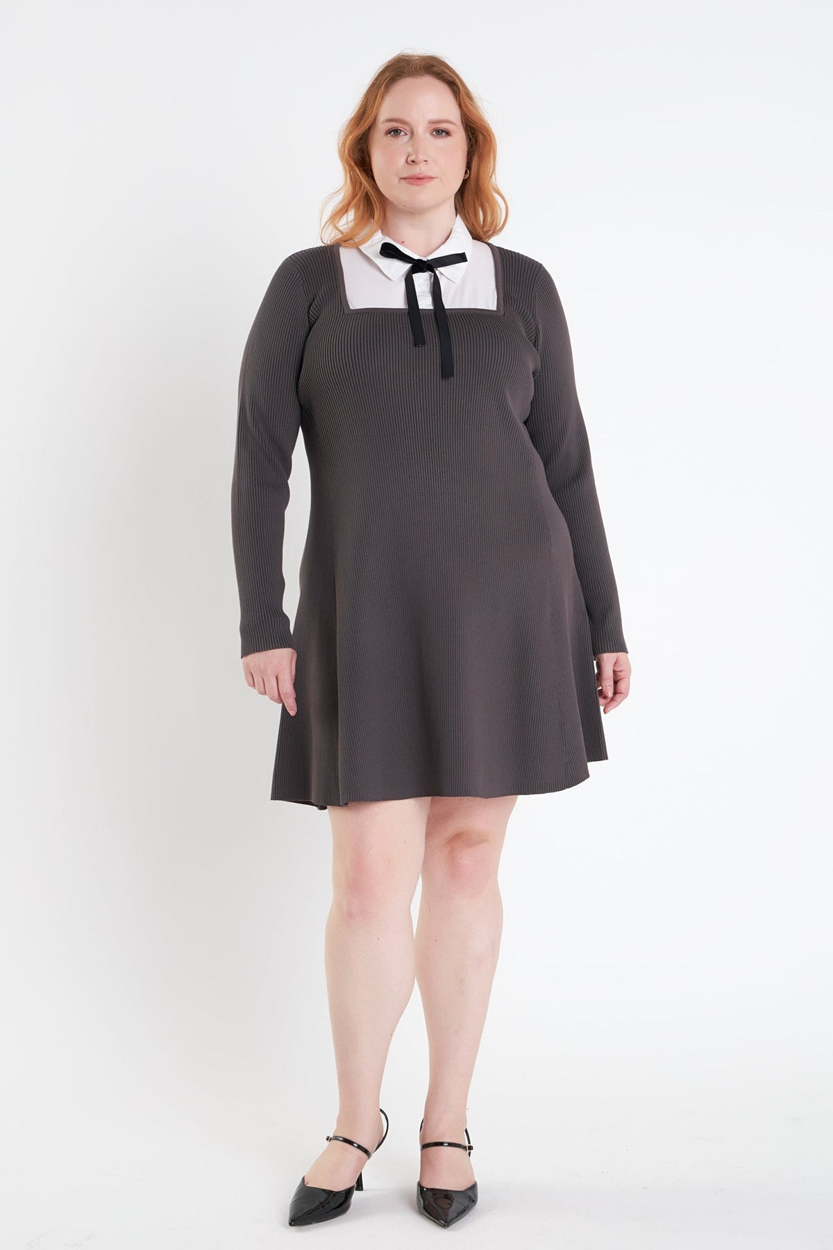 ENGLISH FACTORY - Plus Size Mixed Media Fit and Flare Sweater Dress - DRESSES available at Objectrare