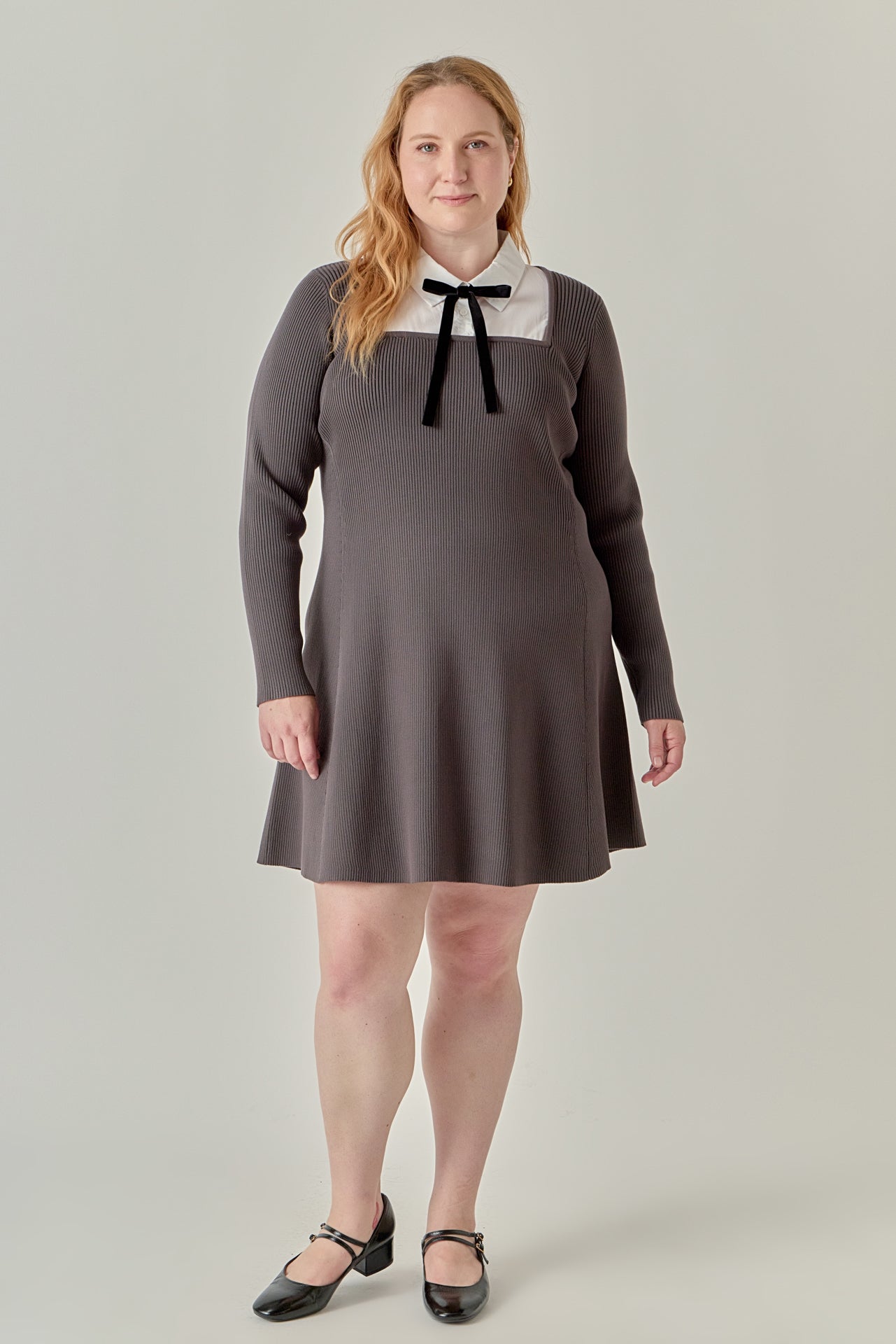 ENGLISH FACTORY - Plus Size Mixed Media Fit and Flare Sweater Dress - DRESSES available at Objectrare