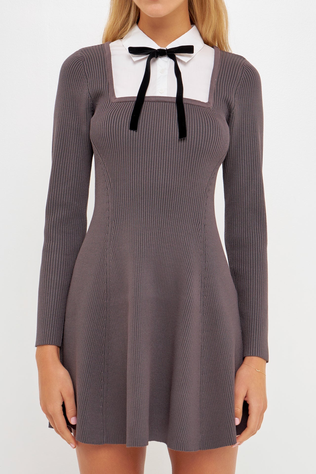 English Factory - Mixed Media Fit and Flare Sweater Dress Beige / L English Factory - Mixed Media Fit and Flare Sweater Dress Beige / L