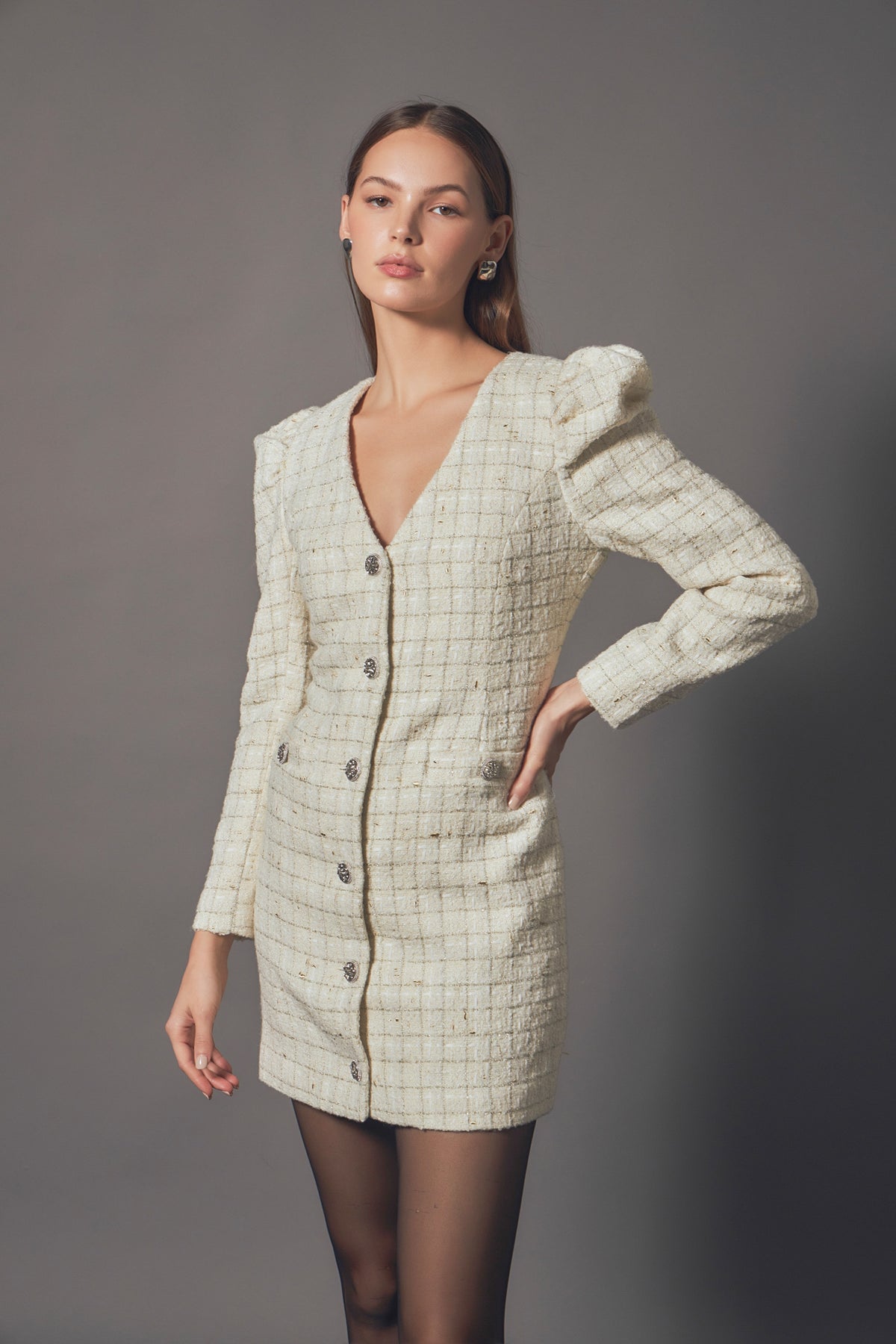 ENDLESS ROSE - Premium Long-Sleeve Tweed Mini Dress - DRESSES available at Objectrare