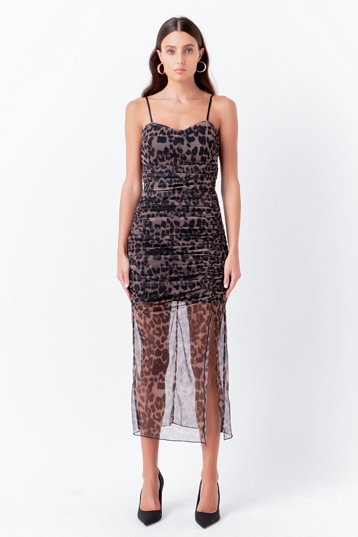 ENDLESS ROSE - Ruched Mesh Asymmetrical Midi Dress - DRESSES available at Objectrare