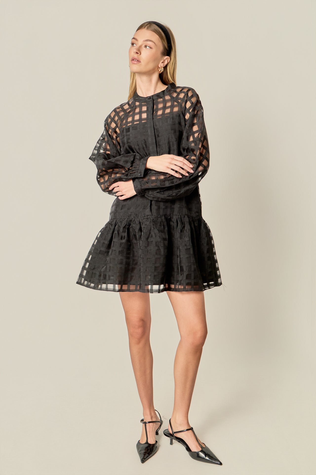 ENGLISH FACTORY - Sheer Checkered Organza Long Sleeve Mini Dress - DRESSES available at Objectrare